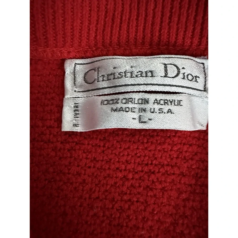 Vintage Christian Dior Red V Neck Sweater Made USA Large Quiet Luxury